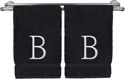 Monogrammed Hand Towel, Personalized Initial Gift, Extra Absorbent 100% Turkish Cotton - Soft Terry Finish - Set of 2 - White Block Initial B - Embroidered on Black Towels