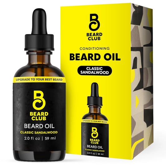 The Beard Club Beard Oil for Men - 2oz Classic Sandalwood Natural Beard Oil with Castor & Amber Oils - Beard & Mustache Conditioner - Hydrates, Softens & Soothes Dry Skin - Strengthens Hair Follicles