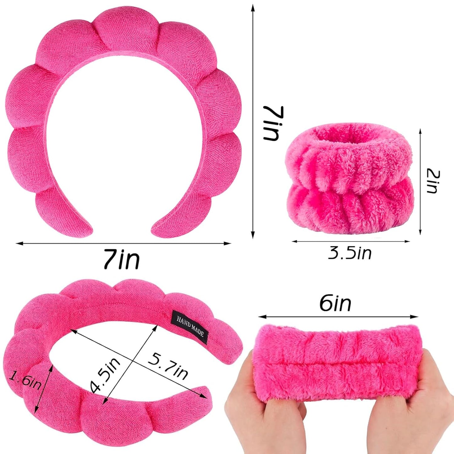 Zkptops Spa Headband for Washing Face Wristband Set Sponge Makeup Skincare Terry Cloth Bubble Soft Get Ready Hairband for Women Girl Puffy Padded Headwear Non Slip Thick Hair Accessory(Hot Pink)