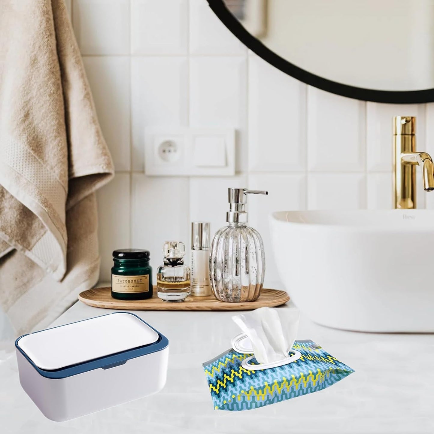 Wipes Dispenser with 2Pcs Portable Refillable Wipe Holder,Reusable Large Wipe Holder Box Flushable Wipes Case Bathroom Wipes Container for Pet Nursery Kitchen Office Counter(White-Blue)