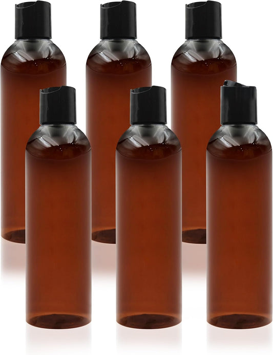 6 Pack 8 oz Amber Plastic Squeeze Bottles with Black Disc Caps Refillable Empty Travel Containers Bottles for Shampoo Conditioner Toiletries Lotions Oils BPA Free