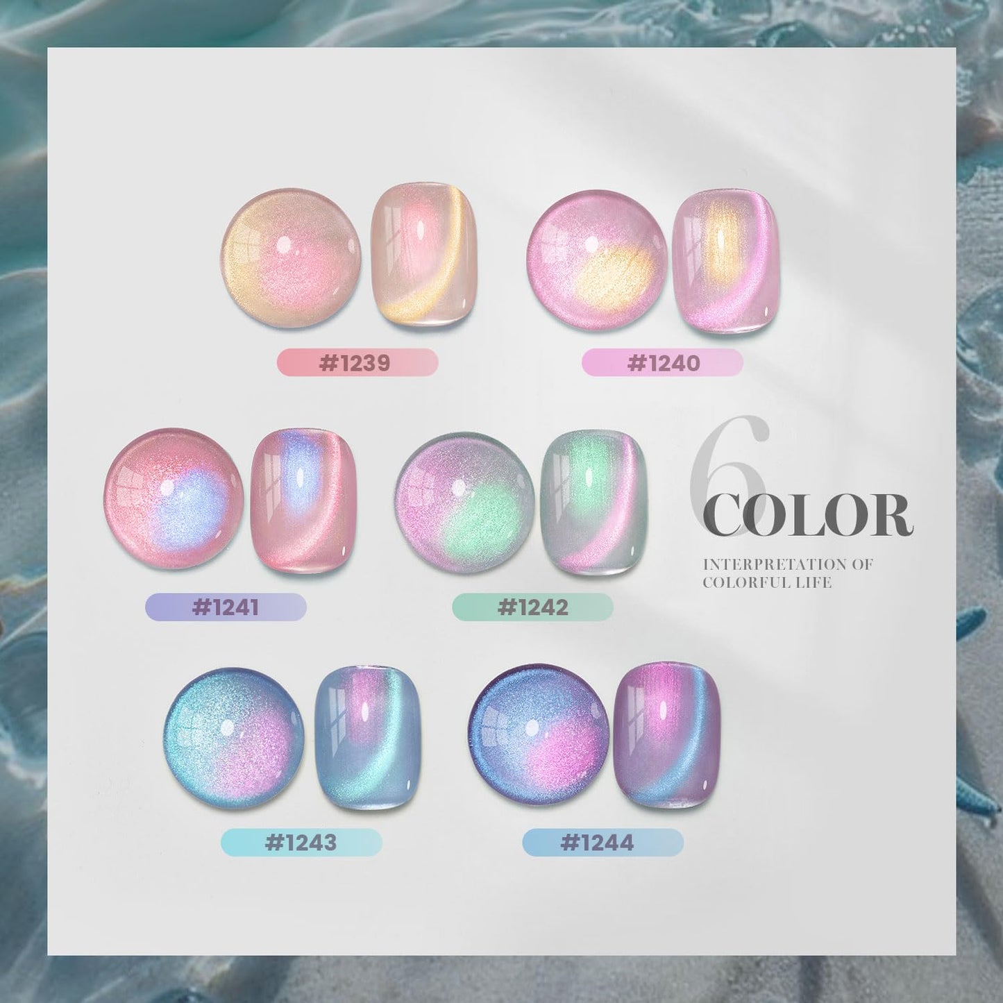 RARJSM Aurora Pearl Cat Eye Gel Nail Polish Set 6pcs Ceramic Silver Shimmer Universal Pink Green Blue Purple Orange Glitter Mermaid Swirl Shell Thread Effect with Magnet Stick Curing Requires