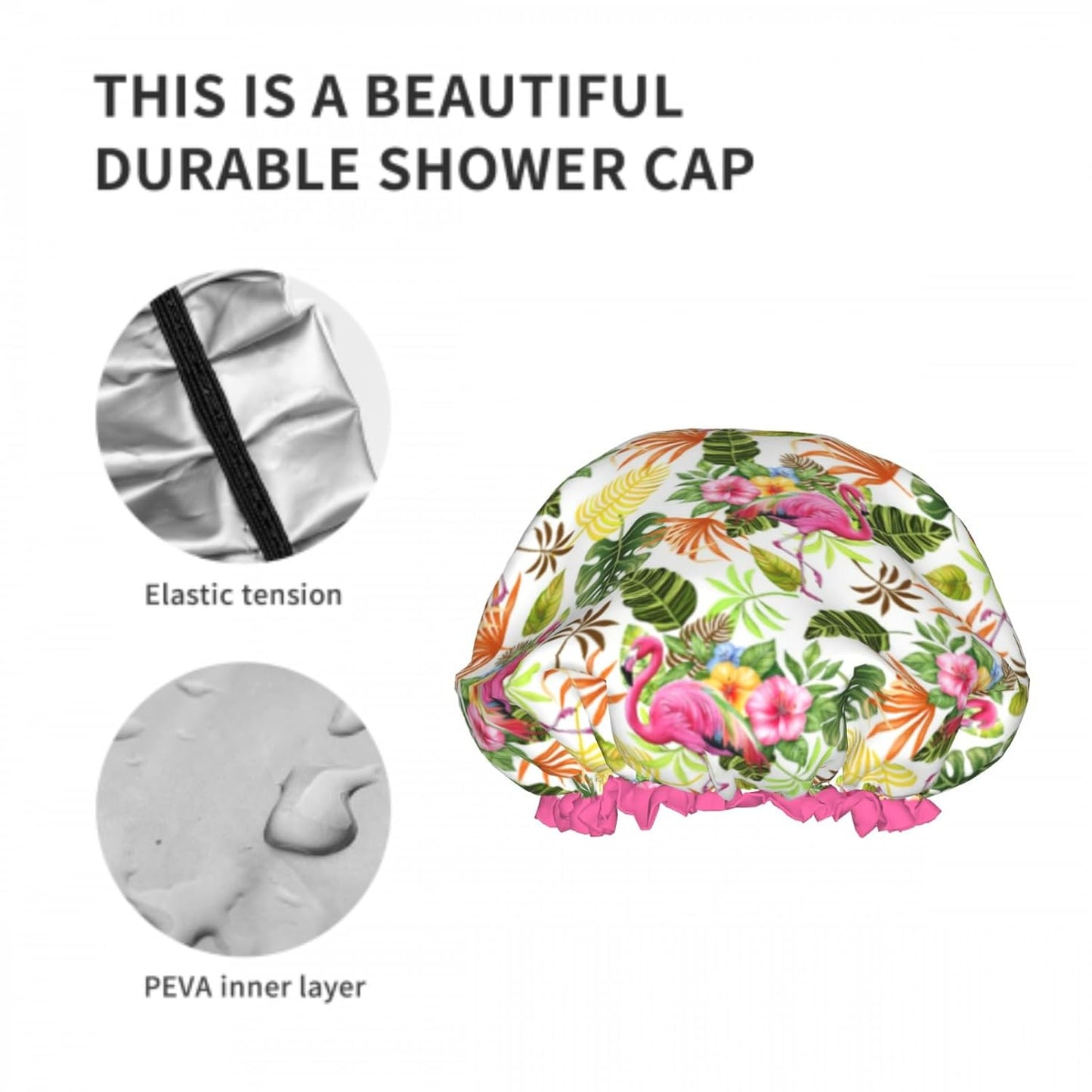 Cute Flamingo Leaves Flowers Double Layer Waterproof Shower Cap for Women Reusable Bath Cap for All Long Hair Lengths Soft Bath Shower Hat