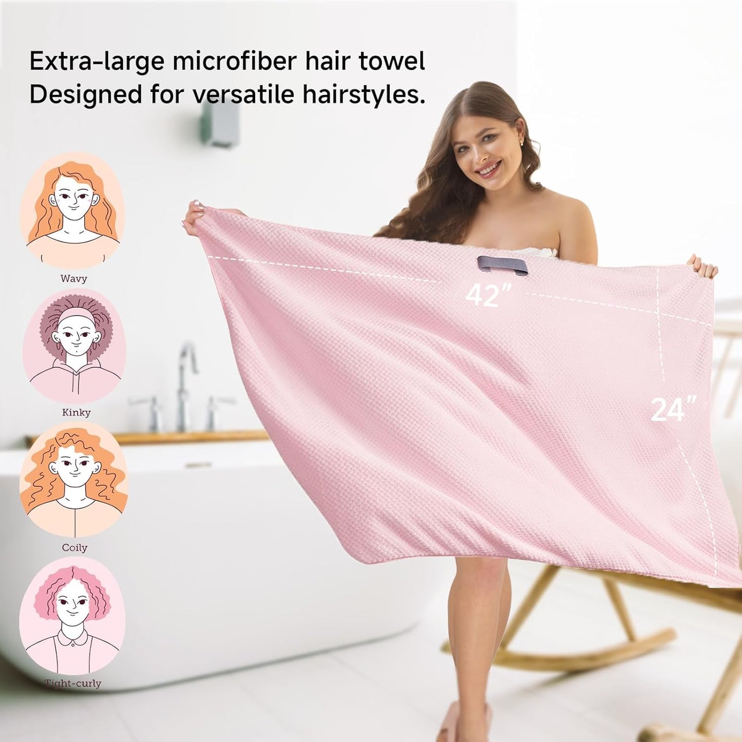 2-in-1 Large Microfiber Hair Towel Wrap & Satin Bonnet Set - Ultra Absorbent Turban 24 * 42 Inches & Adjustable Night Cap for Curly Hair, Prevents Frizz & Breakage (Pink)