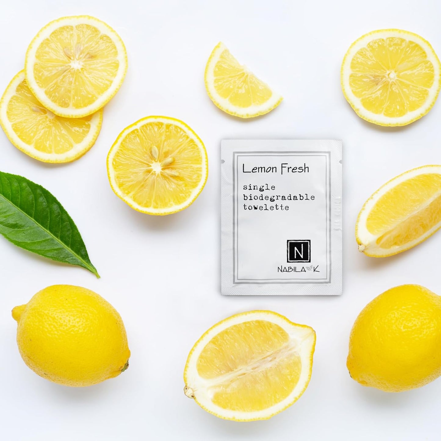 Lemon Fresh Scented Moist Towelettes Single Use by Nabila K - Alcohol-Free, Plant-Based with Natural Ingredients - Individually Wrapped Disposable Travel Size Wipes with Bamboo Case - 20 Count