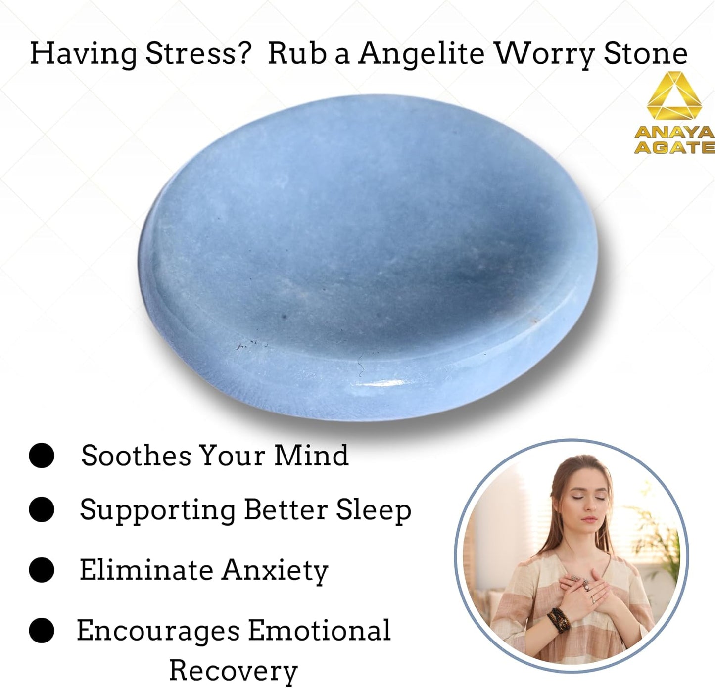 Angelite Worry Stones – Crystal Thumb Worry Stone for Anguish, Stress – Relaxing & Soothing Balance Stones for Meditation, Stress Relief – Healing Stones & Crystals for Men, Women