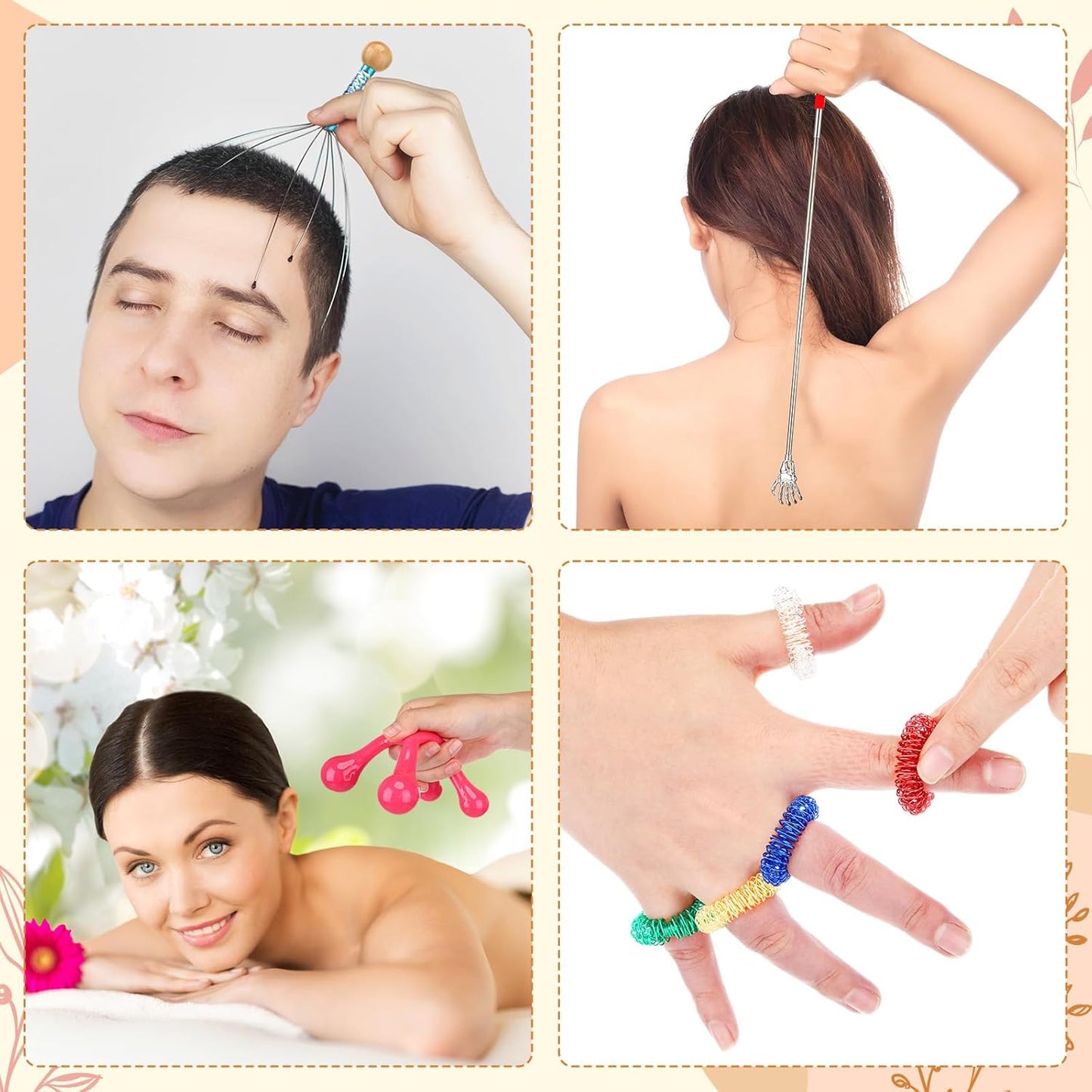 Geiserailie 48 Pack Head Scratcher Scalp Massagers, Extendable Back Scratchers, Four Point Massage Tools, Finger Massager Rings for Deep Relaxation Stress Relief Hair Stimulation Men Women Adult Gifts