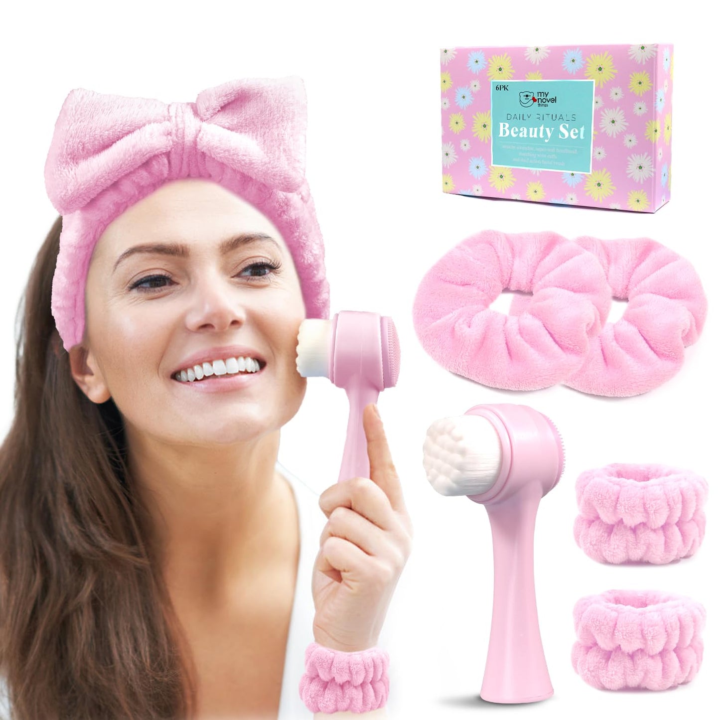 Spa Headband for Washing Face, Skincare headband and wristband set, Facial Cleansing Brush, 2-in-1 Skin Care face Brush, Come with a Hair Scrunchie, For Massaging Makeup Skincare -Pink