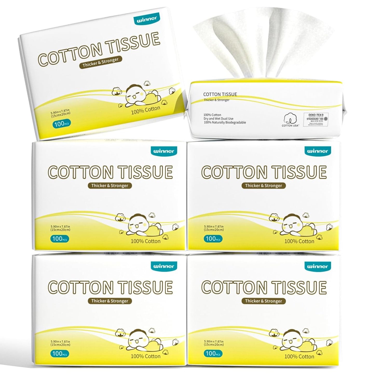 Winner 100% Cotton Dry Wipes, USDA Certified Baby Wipes, 600 Count, Soft & Gentle, Hypoallergenic & Unscented for Baby Sensitive Skin, Use Wet/Dry for Diaper Changes, Meals & Cleanup, Pack of 6