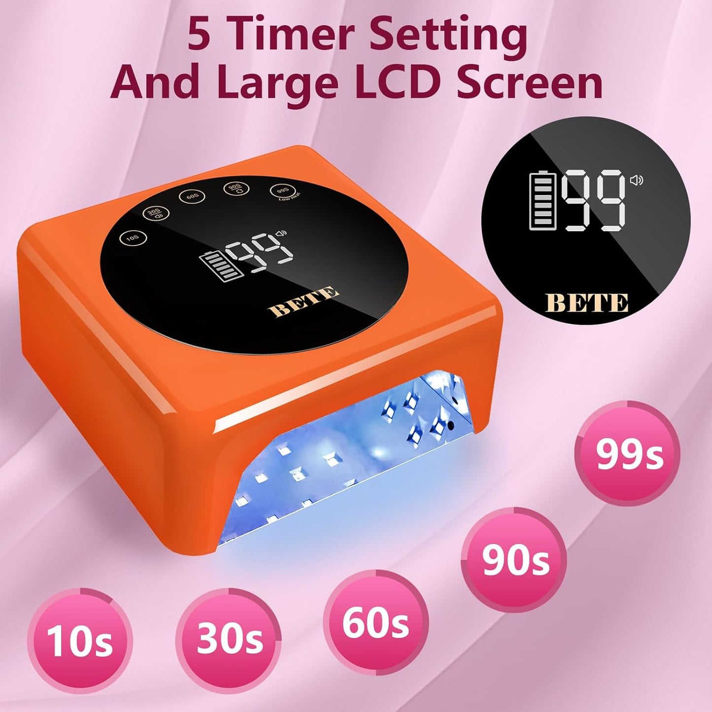 BETE Cordless LED Nail Lamp, 78W Rechargeable UV Nail Light, Intelligent Infrared Sensor and LCD Display Curing Nail Lamp, Portable Nail Dryer Gel Polish Light with 5 Timer Setting Orange