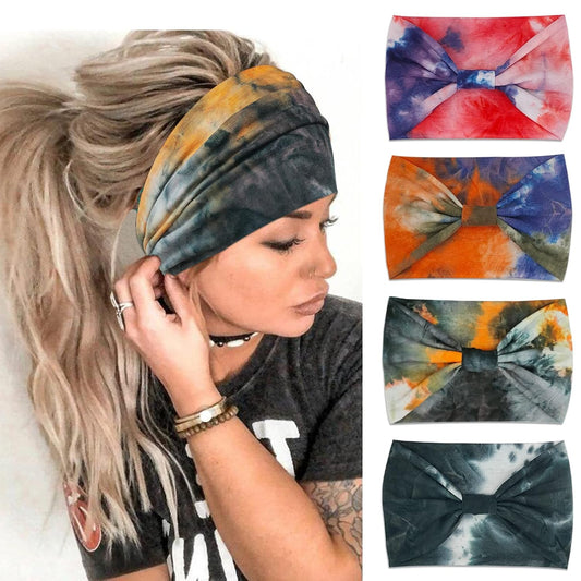 Wide Boho Headbands for Women Fashion Knotted Headband Yoga Workout Hair Accessories African Head Wrap Orange Tie Dye 4 Pack