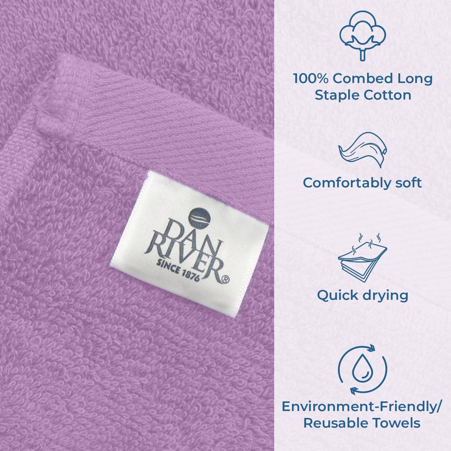 DAN RIVER Bath Towels Set of 4, 27 x 54 Inches, 100% Cotton, Larger & Lighter Weight, Quicker to Dry, Super Soft and Absorbent, Ideal Shower Towel for Daily Use, Lavender