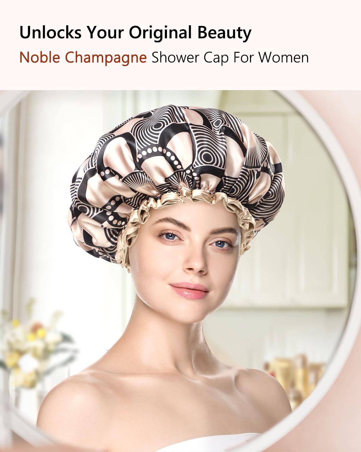 mikimini Large Shower Cap for Women Long Hair, Champagne Shower Caps with Lace, Double Layer Waterproof, Reusable, Washable, High-quality