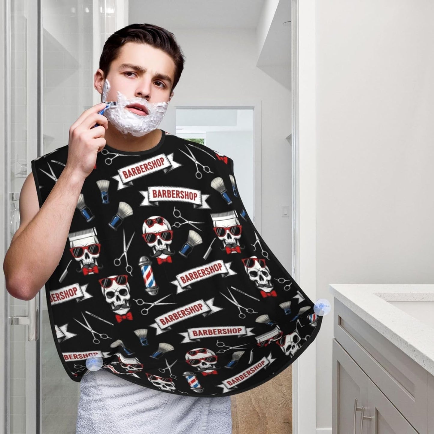Beard Hair Catcher Bib, Waterproof Non-Stick Grooming Apron for Shaving Trimming, Perfect for Men Dad, Cool Funny Skull Tools Vintage Barber Shop Shave Bib