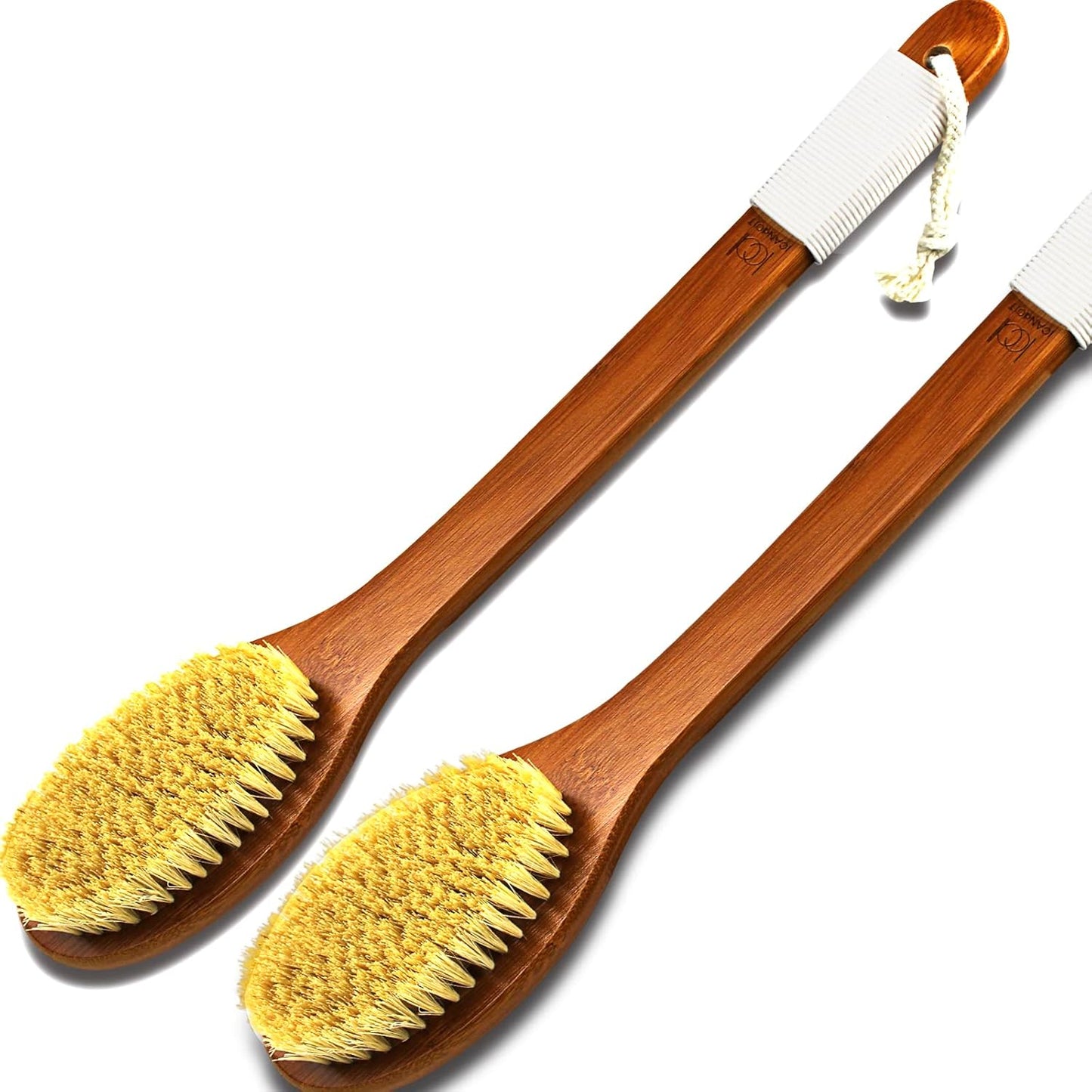 ICANdOIT-17.71Inch Natural Stiff Sisal Bristles Anti-Slip Long Handle Bath Brush,Bent Handle Shower Scrubber for Exfoliating,Shower Back Brush,Exfoliation Set with Pumice Stone(2 Pack)
