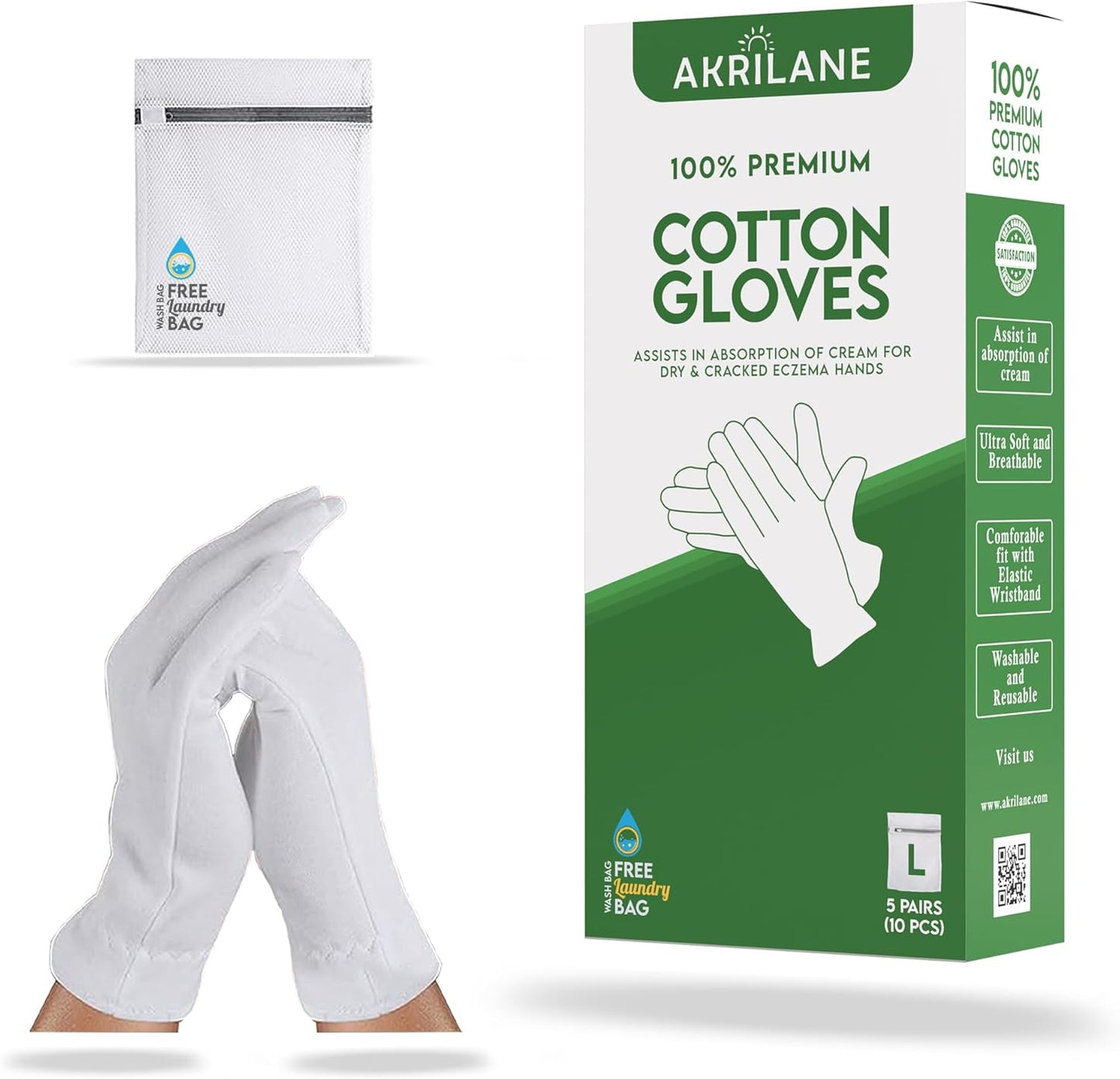 L Large 5 Pairs 100% Premium Cotton Gloves for Dry Hands | Moisturizing Overnight Gloves for Eczema, Psoriasis & Skin Spa Treatment for Women & Men | Washable & Reusable with Free Laundry Bag