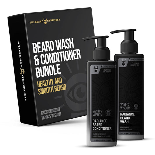 The Beard Struggle Radiance Beard Wash & Conditioner Bundle - Platinum Collection - Pack of 2 - Vanir's Wisdom - 8 Fl Oz each - For Men - Nourish, Cleanse, Soften, & Strengthen Beard