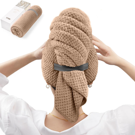 YFONG Large Hair Towel Wrap for Women, Super Absorbent Microfiber Hair Towel for Curly Hair, Fast Drying Hair Turbans with Elastic,Hair Drying Towel Wrap for Hair Care Anti Friz 26.3" X 40" (Brown)