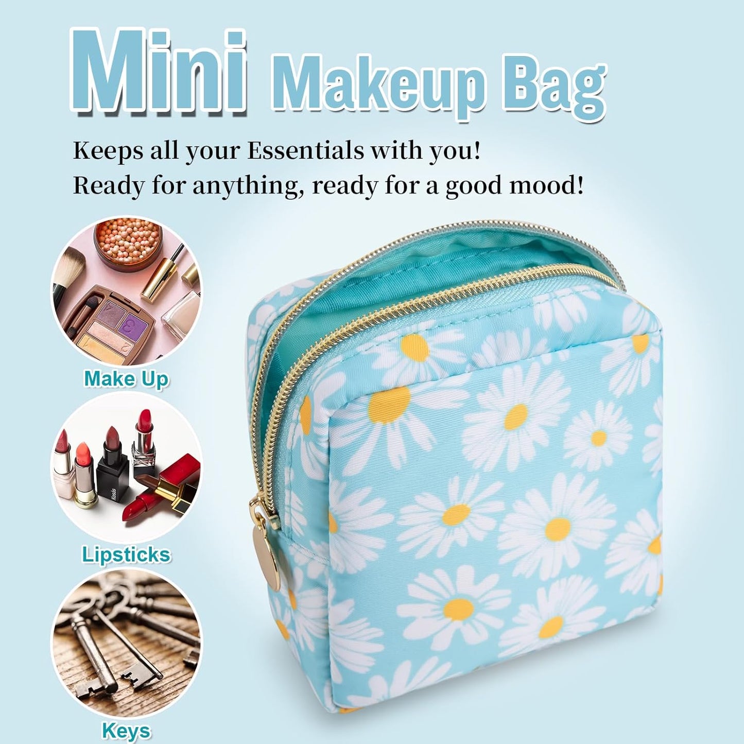 Nylon Mini Floral Makeup Bag for Purse, Small Cute Travel Makeup Bag Preppy Flower Cosmetic Zipper Pouch, Waterproof Coin Pouch Sanitary Napkin Storage Bag Make Up Organizer Set for Women(Blue-Daisy)