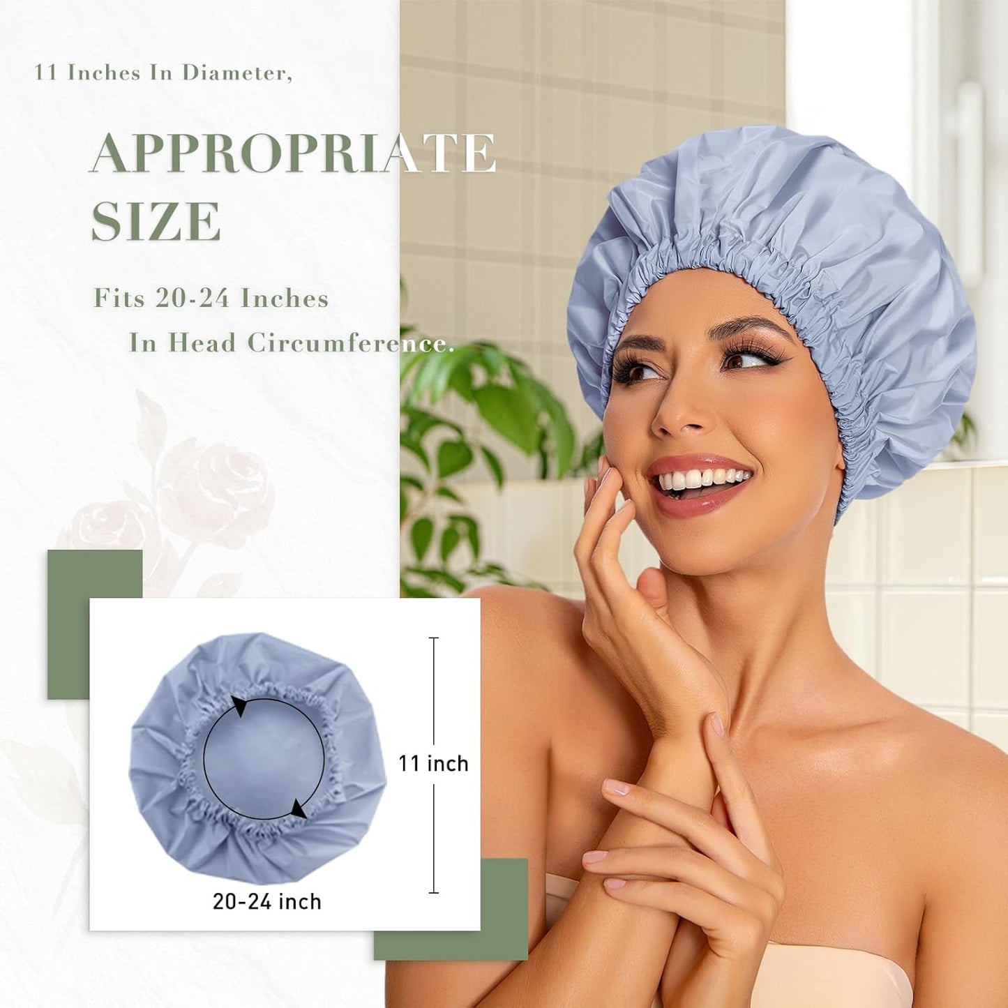 Reusable Shower Cap for Women, Large Waterproof Shower Essentials Bonnet Washable Elastic Band Bath Hair Wrap Hat for Long Hair, Braids(Gray)