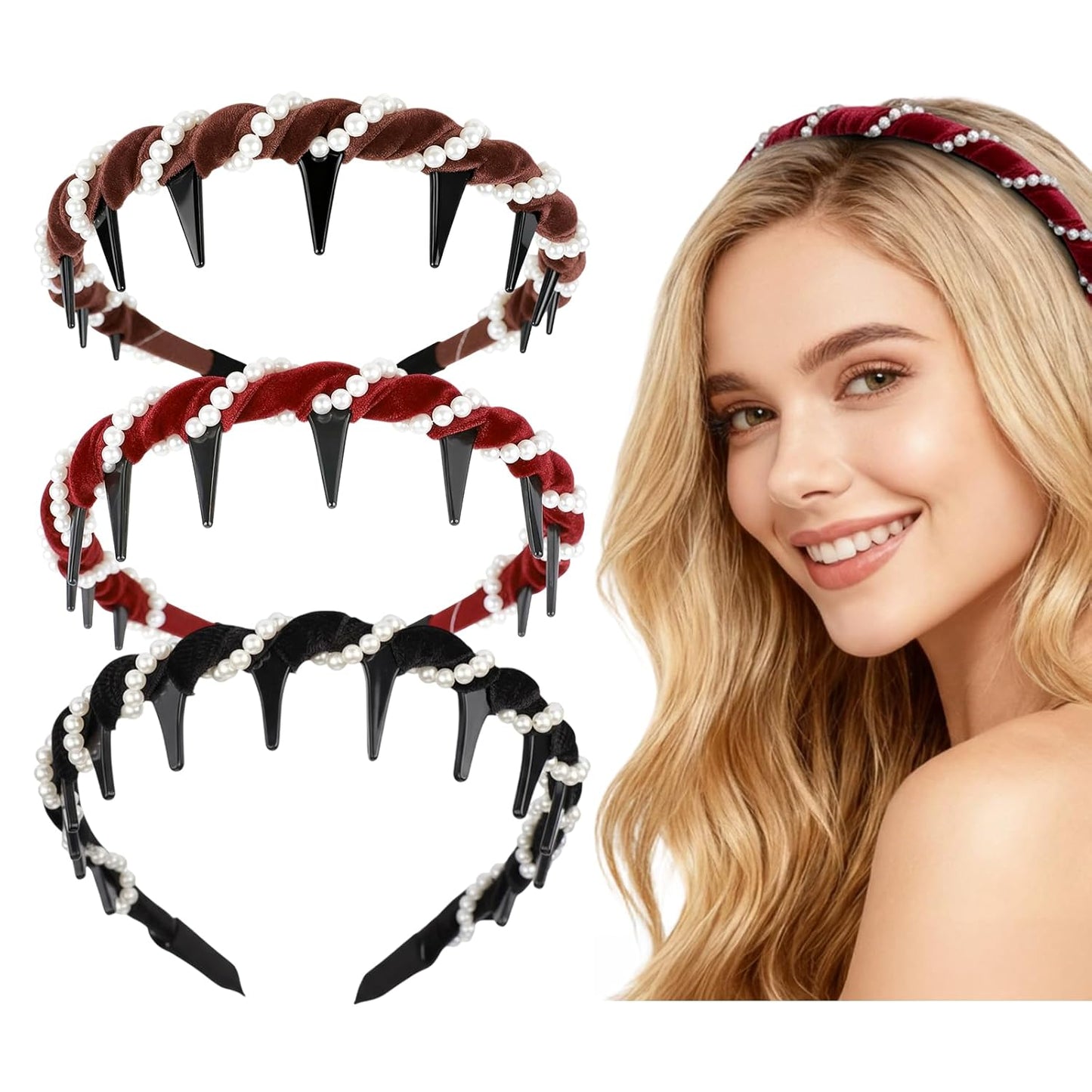 Vintage Pearl Headbands for Women - 3/2 Pack Comfortable High Cranium Hair Band with Non-Slip Teeth | Boho & Elegant Hair Accessories for Wedding, Party, Work, Date, Daily Wear, Gift for Her