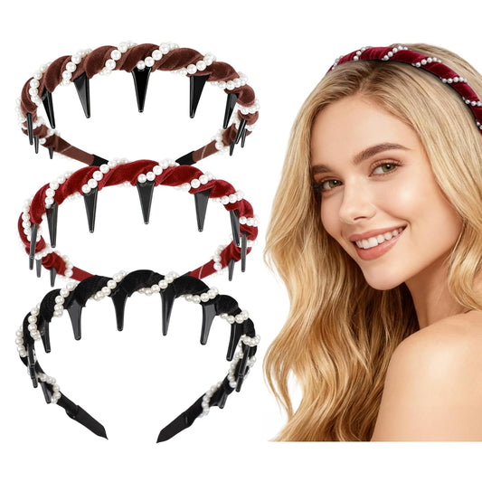 Vintage Pearl Headbands for Women - 3/2 Pack Comfortable High Cranium Hair Band with Non-Slip Teeth | Boho & Elegant Hair Accessories for Wedding, Party, Work, Date, Daily Wear, Gift for Her