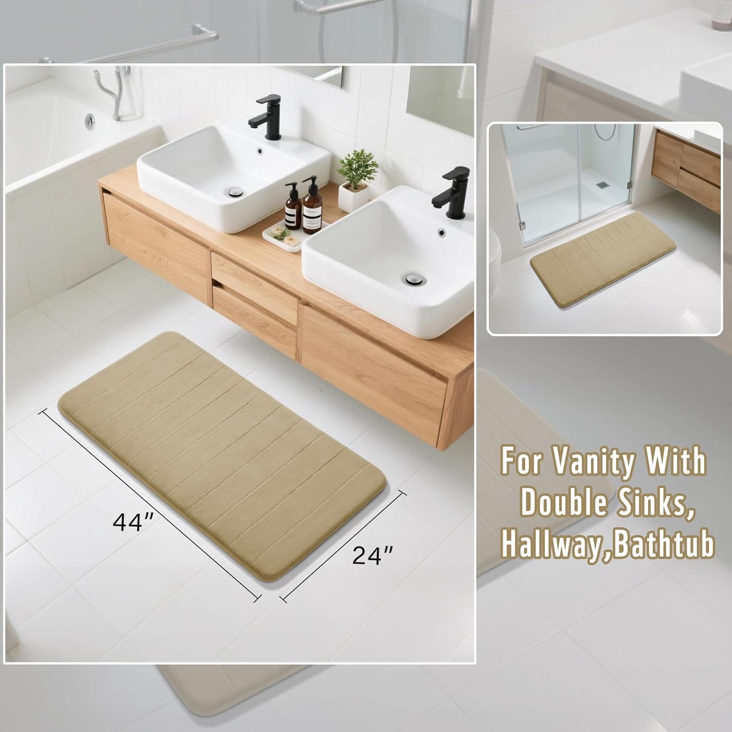 Yimobra Long Bath Mat 44"x24", Super Soft Quick Dry Memory Foam Bathroom Rug, Water Absorbent, Non Slip Backing Machine Washable for Tub Shower, Thick Comfort Support, Pale Khaki