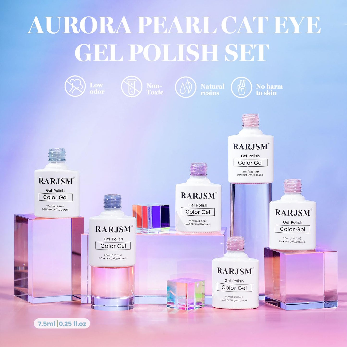 RARJSM Aurora Pearl Cat Eye Gel Nail Polish Set 6pcs Ceramic Silver Shimmer Universal Pink Green Blue Purple Orange Glitter Mermaid Swirl Shell Thread Effect with Magnet Stick Curing Requires