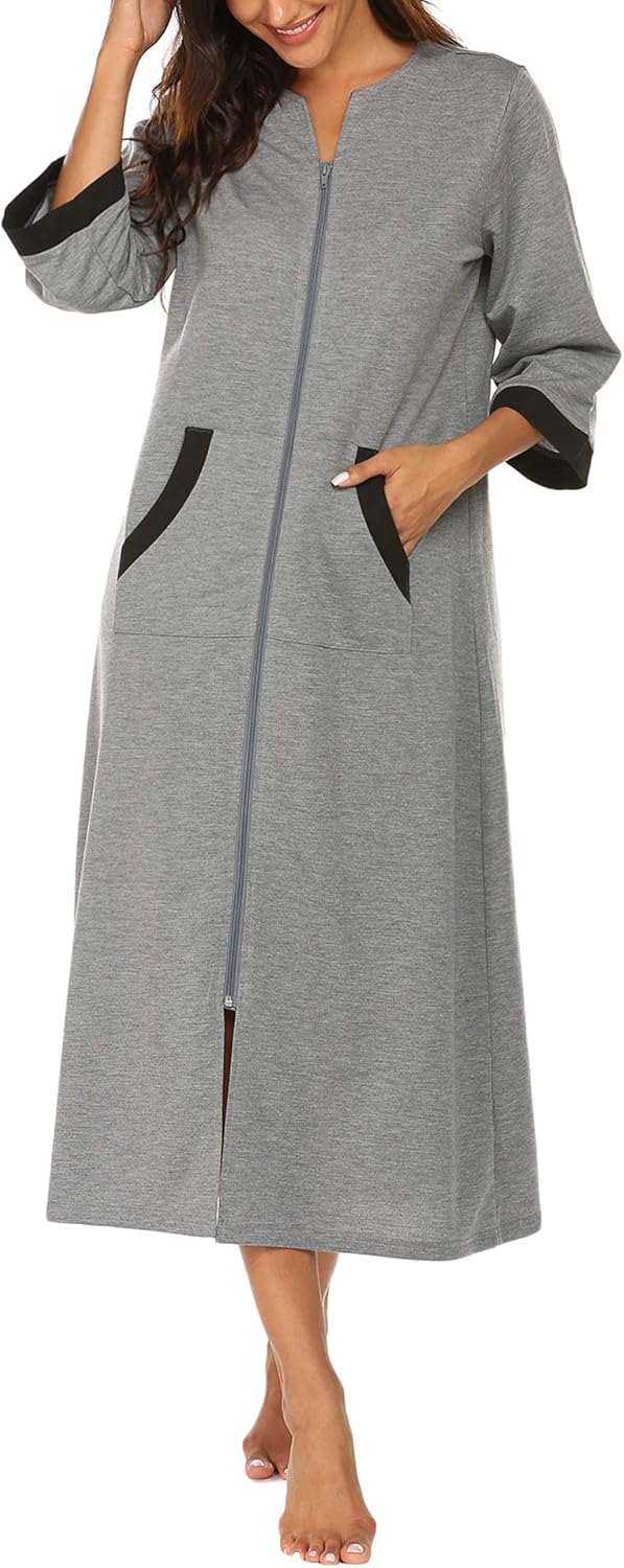 Ekouaer Women Zipper Robe 3/4 Sleeves Loungewear Dress Full Length Sleepwear Pockets Housecoat Nightgown Long Bathrobe