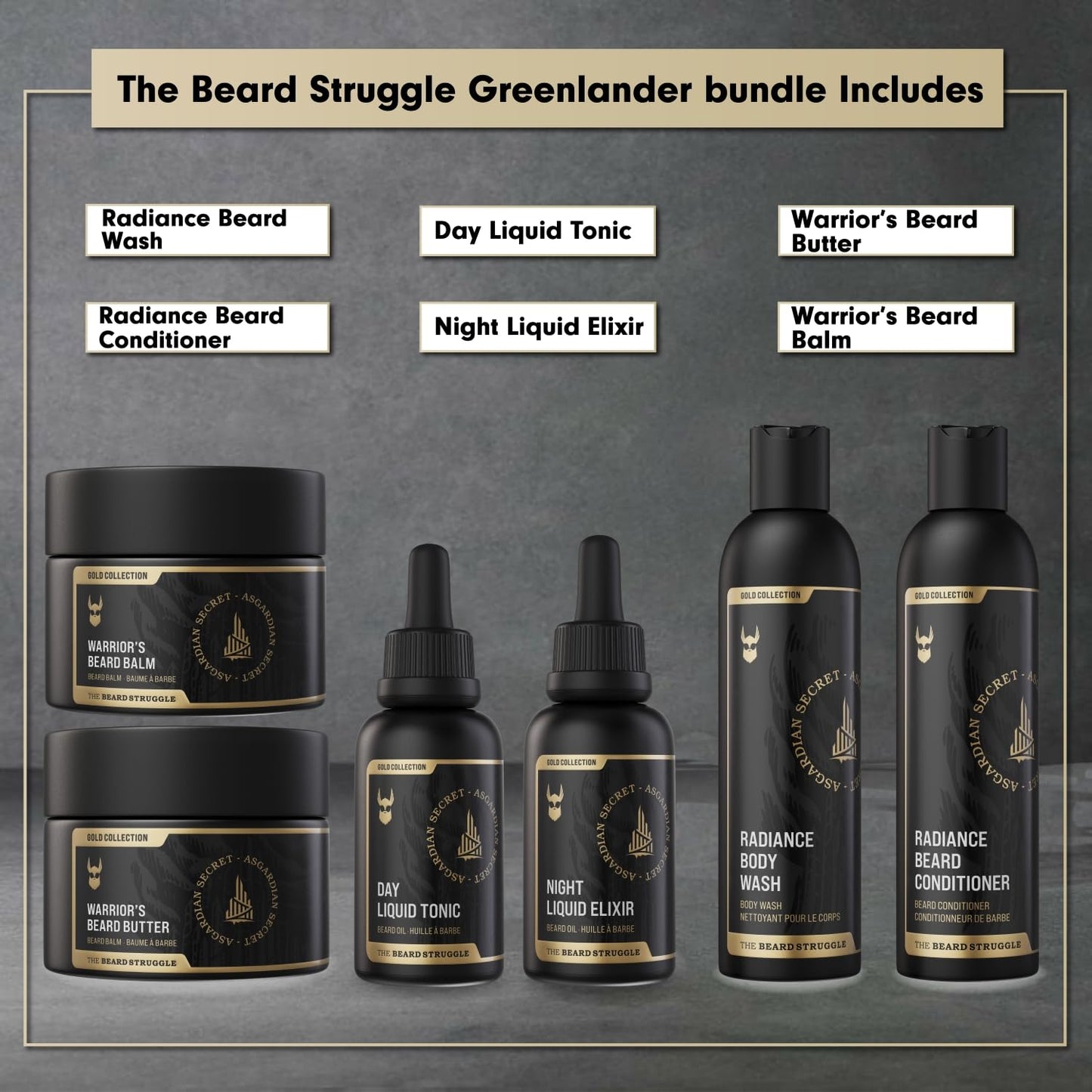 The Beard Struggle Greenlander Bundle Beard Kit - Includes Beard Butter, Beard Balm, Beard Night Oil, Beard Day Oil, Beard Wash & Beard Conditioner - Platinum Collection - Surtr's Fury