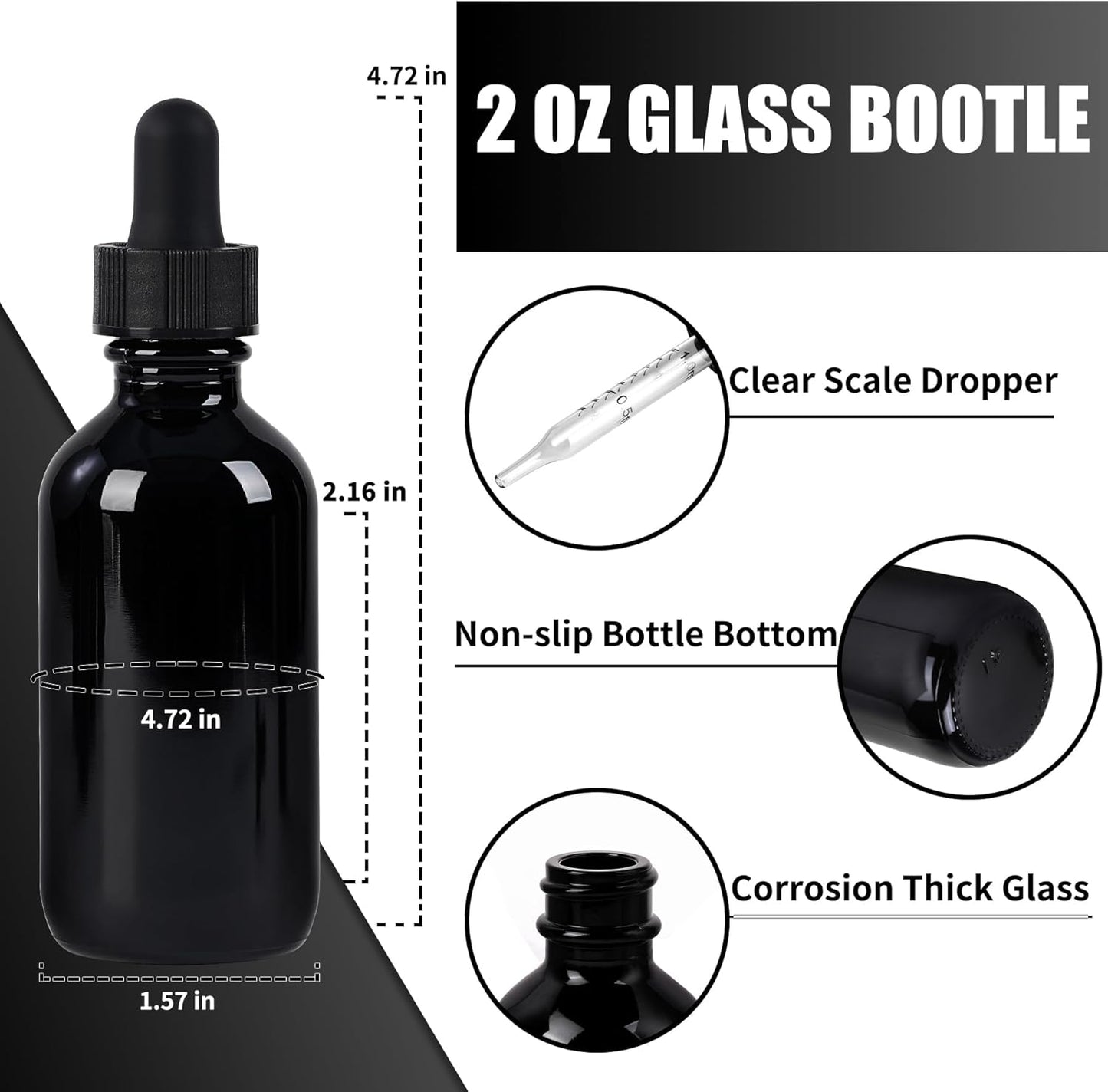 48 Pcs, 2oz Glass Dropper Bottle, Leakproof Tincture Bottles with Dropper, Black Reusable Eye Dropper Bottle, for All Kinds of Liquids (Black,2oz-48pcs)
