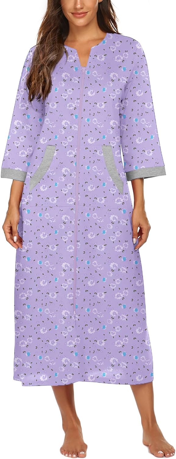 Ekouaer Women Zipper Robe 3/4 Sleeves Loungewear Dress Full Length Sleepwear Pockets Housecoat Nightgown Long Bathrobe