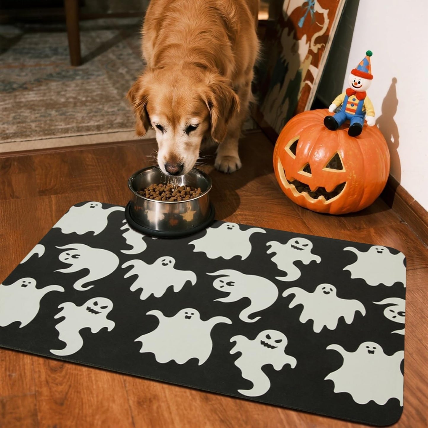 Halloween Bath Mat, Thin Halloween Bathroom Rug Non Slip Quick Dry Ghost Bath Mat Fits Under Door Thin Floor Mat Halloween Decor, 17''x30'', Spooky Ghosts Black