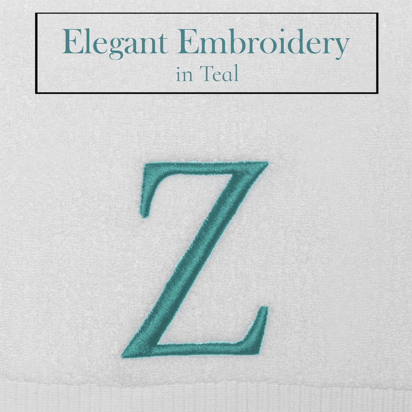 White Monogram Hand Towel for Bathroom - Monogrammed Initial Hotel Quality Decorative Embroidered Luxury Towel for Powder Room, Spa - GOTS Organic Certified - Set of 2 Teal Letter Z