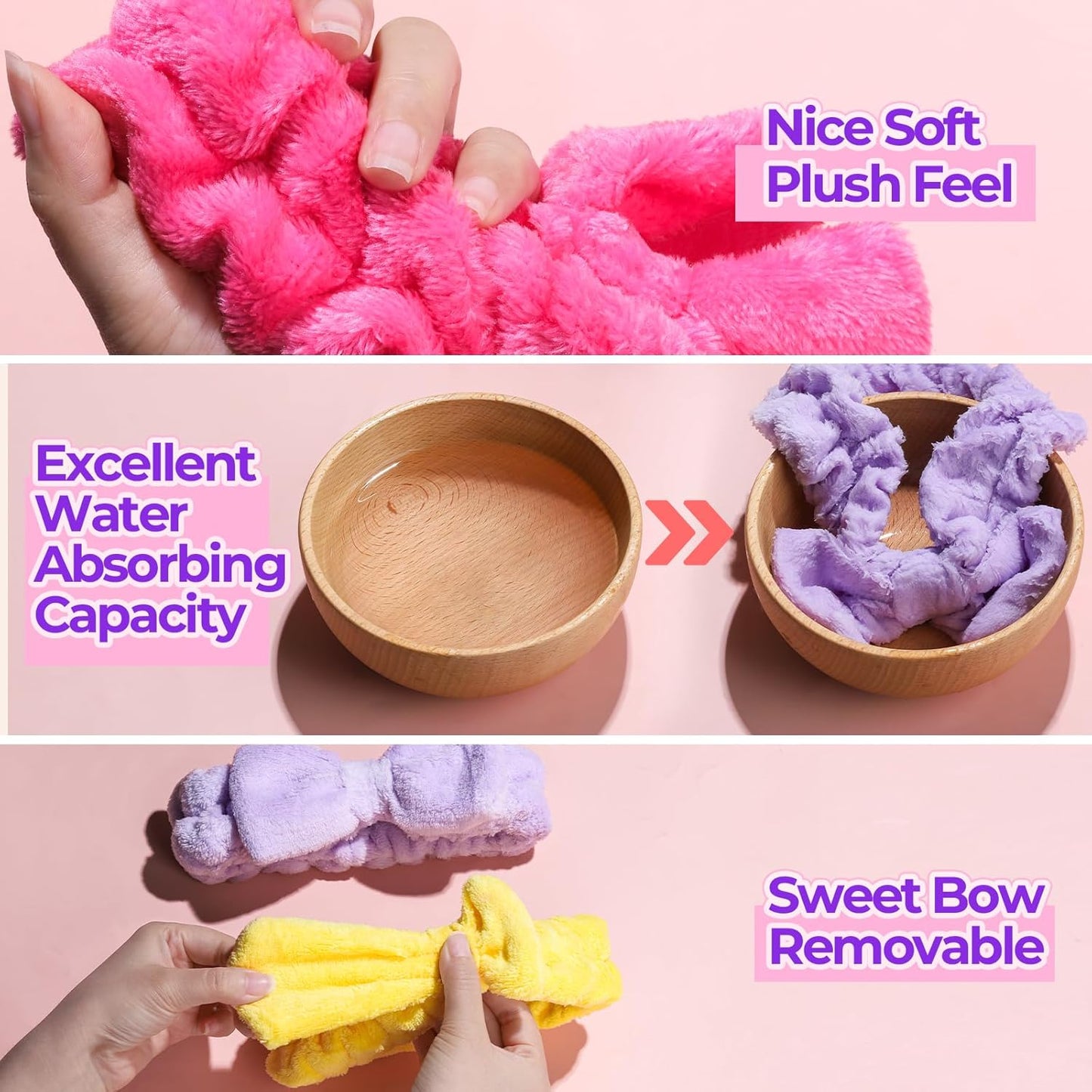 LEOBRO Spa Headband for Skin Care and Makeup, Women Teen Girls Headband for Washing Face, With Hair Scrunchies, Christmas Gifts for Teens (Rose Red & Yellow & Purple)