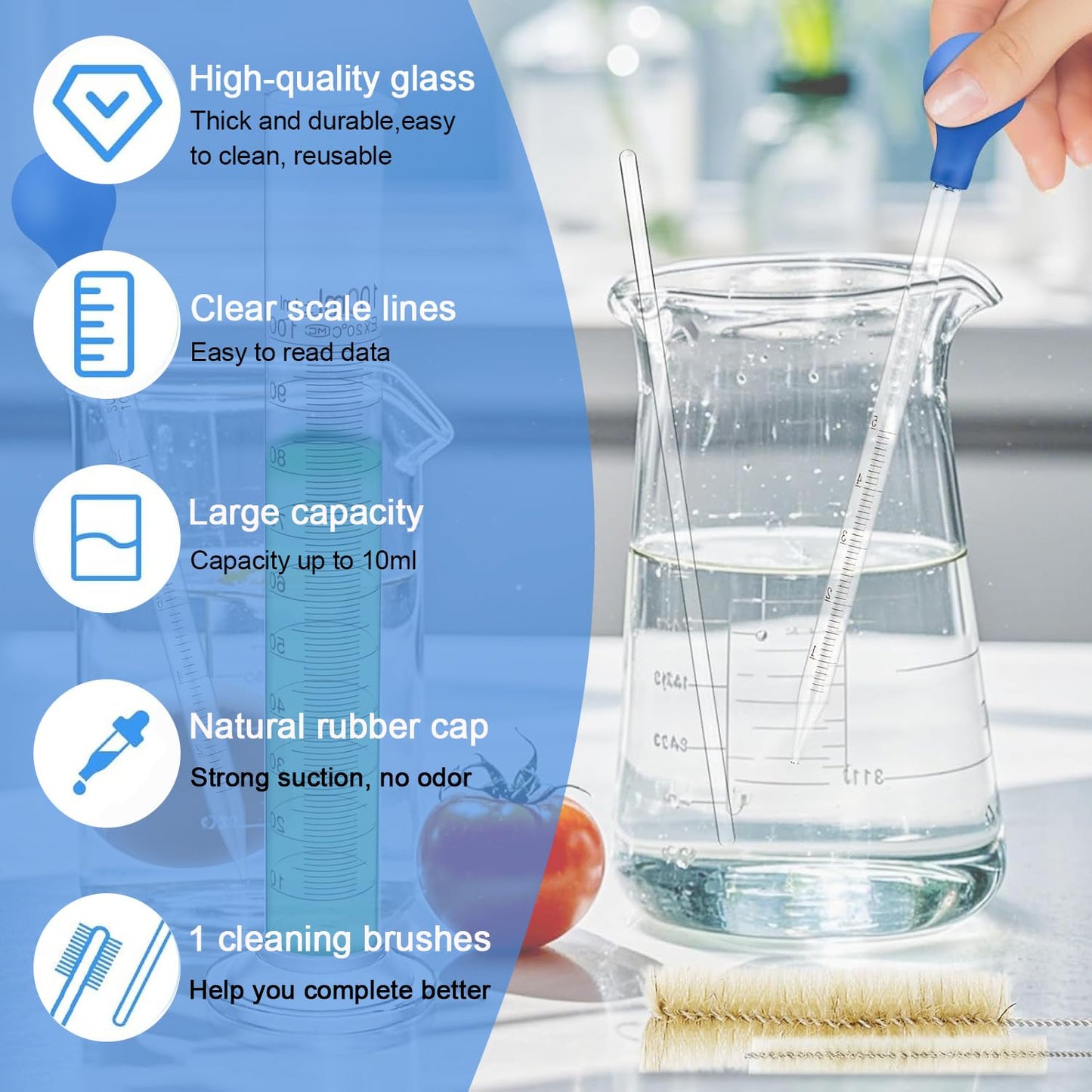 2pcs Glass Pipettes Dropper, Glass Liquid Dropper, 10ml Graduated Liquid Dropper with Cleaning Brush, Liquid Transfer Eye Droppers, Lab Glass Transfer Pipette, Large Essential Oil Droppers