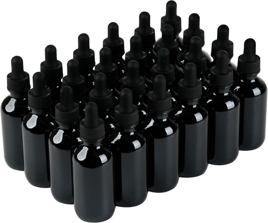 BILLIONSTARS 24 Pack 2oz Glass Boston Round Bottle with Graduated Calibrated Glass Pipettes - UV Black - Tincture Bottles for Essential Oils, Liquids - Leakproof Travel Bottles