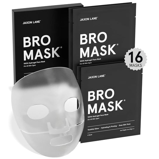 JAXON LANE BRO MASK: Korean Face Mask for Men | 2 Pc. Hydrating Anti Aging Sheet Masks Contain Vitamin C, Vitamin E, Hyaluronic Acid, Hydrolyzed Collagen for Face Care, Acne Treatment (4 X 4 Packs)