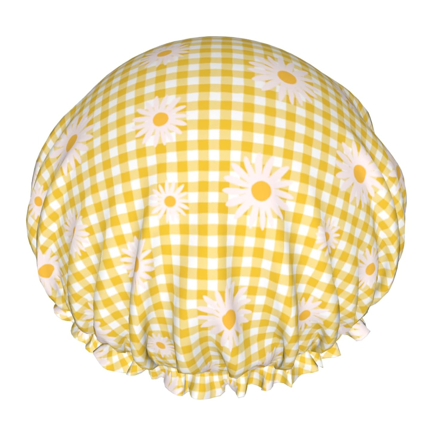 Daisy Shower Caps Yellow Checkered Dual-Layer Waterproof Bath Hat Flower Reusable Hair Caps Elastic Hair Hat for Shower Cooking Clean Makeup Travel