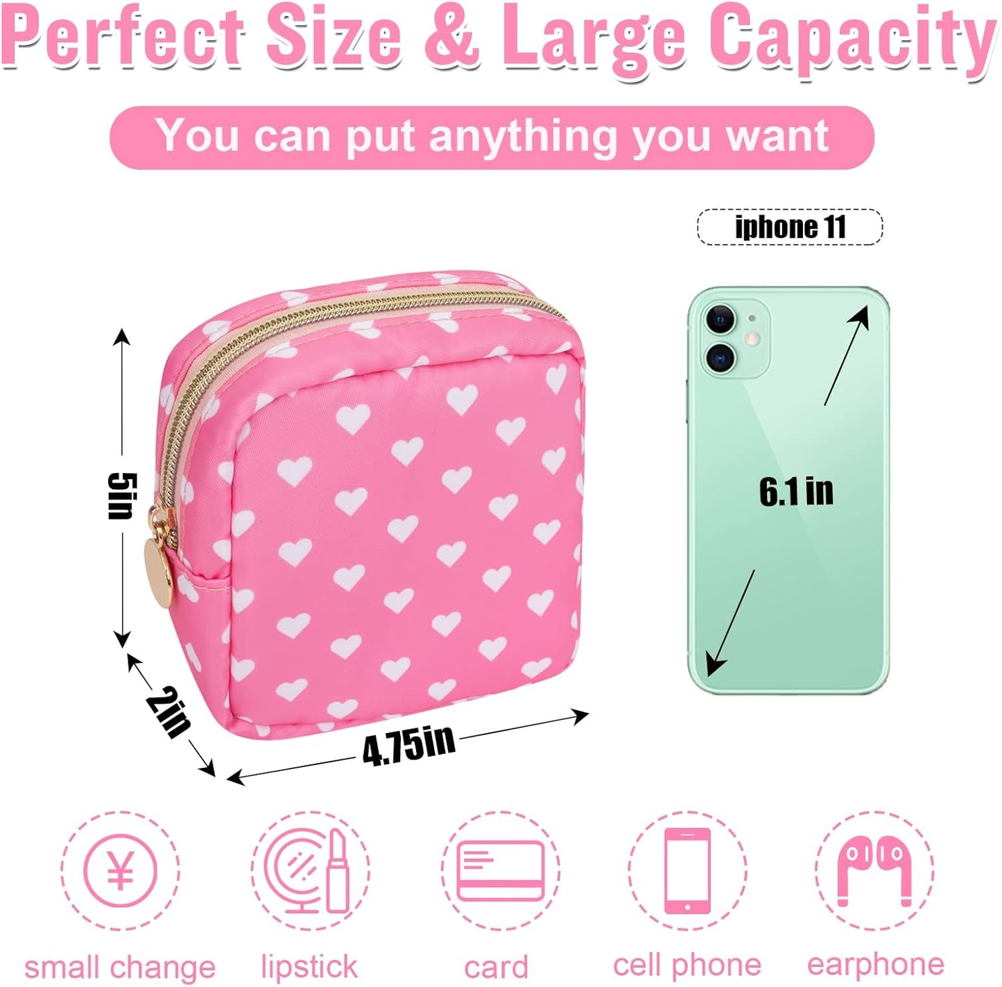 Nylon Mini Makeup Bag for Purse - Small Cute Cosmetic Zipper Pouch - Waterproof Travel Coin Pouch - Sanitary Napkin Storage - Make Up Organizer for Women & Girls (Pink Heart)