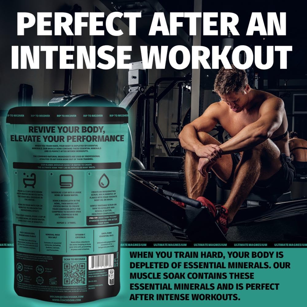 Coach Soak Recovery Bath Soak - Alternative to Epsom Salt Bath Soak - Fast-Absorbing Pure Magnesium Flakes with 21 Minerals, Bath Salts & Essential Oils - 48 oz, Cooling Peppermint