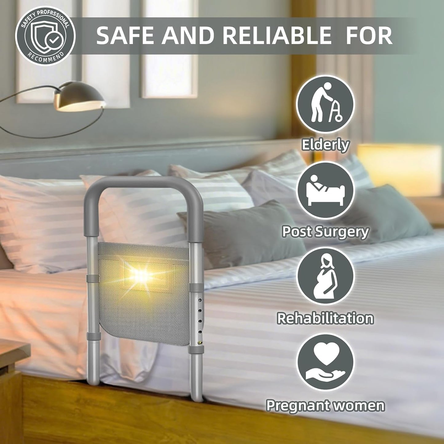 Bed Rails for Elderly Adults Safety: with Motion Light & Storage Bag - Adjustable Bed Assist Rail for Seniors - Bedside Rail Handle Support Bar Bed Guard Rails Fits King Queen Full Twin Medium