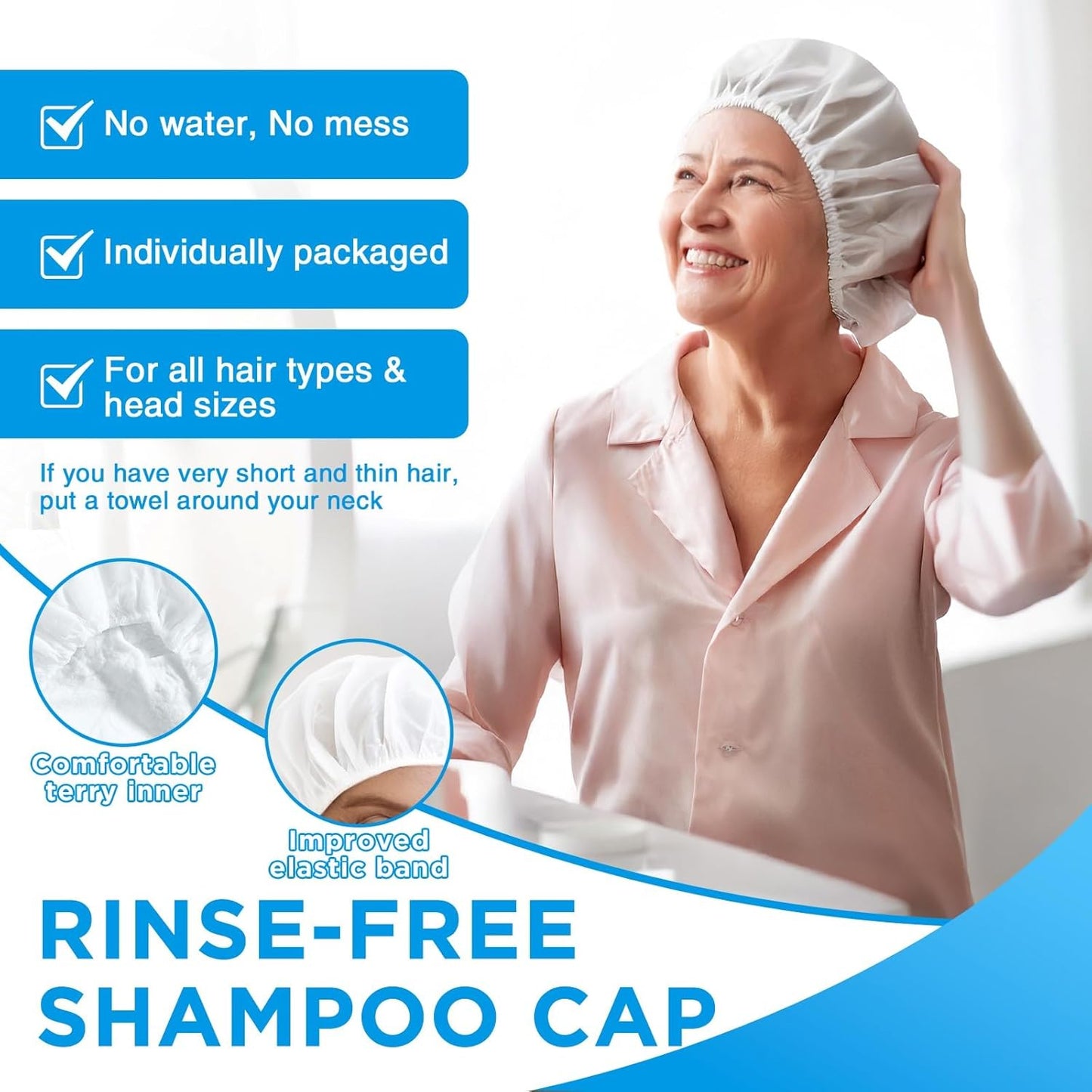 OK TAPE No Water Shampoo Caps (6 Pack) 3 Scents, Rinse Free Shower Cap for Elderly, After Surgery, Camping, Shampoo and Conditioner Hair Wash Cap (Jasmine, Vanilla and Bellflower Scents)