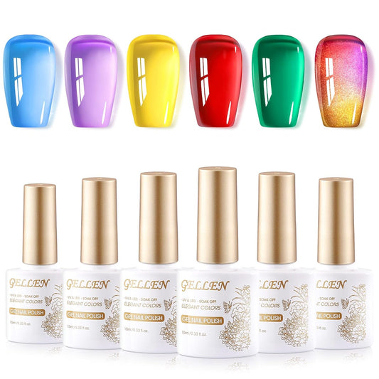 GELLEN Jelly Gel Nail Polish Set 6 Colors Neon Jelly Gel Polish Green Yellow Red Blue Purple Crystal Transparent Gel Polish Kit Soak Off UV Gel Nail Art Spring Summer Manicure Gift for Women