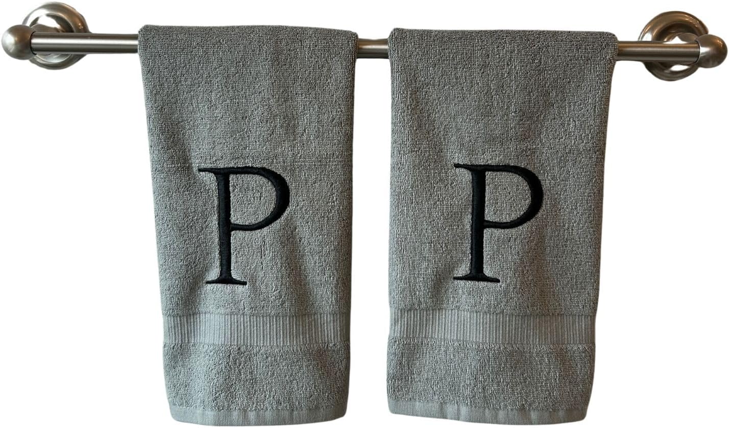 Gray Initial Hand Towel for Bathroom - Monogrammed Luxury Hotel Quality Decorative Embroidered Towel for Powder Room, Spa - GOTS Organic Certified - Set of 2 Black Letter P