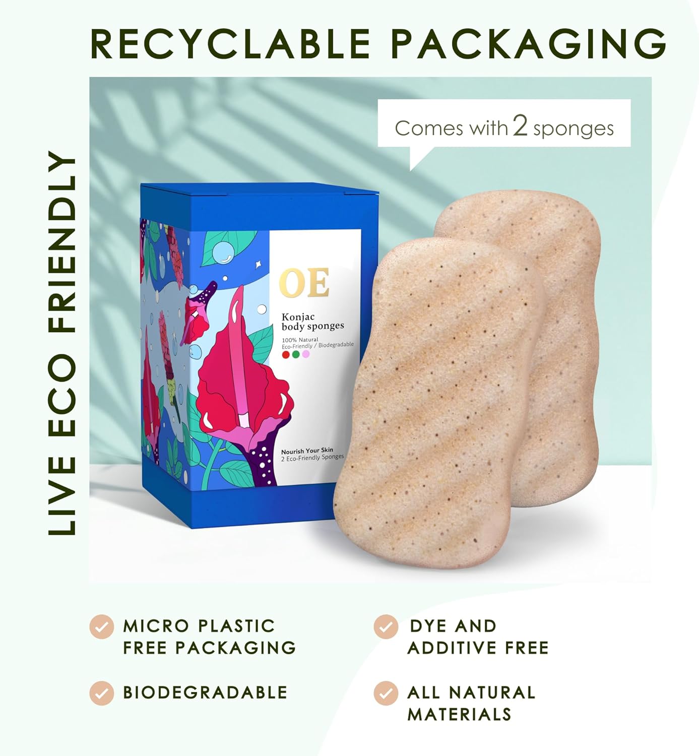 Konjac Sponge Body (2 Pack) Exfoliating Walnut | Microplastic Free 100% Natural | Non-Toxic | Biodegradable | Eco-Friendly | Plastic Free Packaging