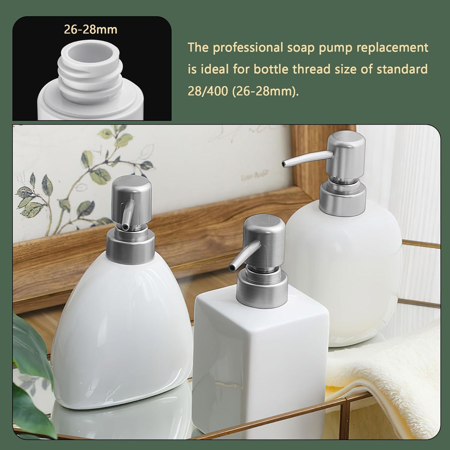 6Pcs Soap Dispenser Pump Head Replacement Set,Reusable Hand Soap Dispenser Top for Bathroom,Kithen Worktop Bottles, Standard Diameter 28/400 Neck Size (6, Silver)
