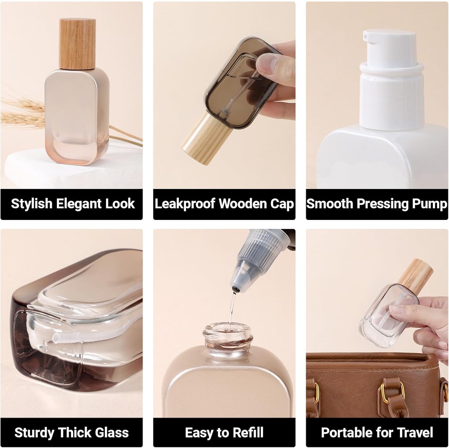 Segbeauty 1oz Empty Glass Lotion Dispenser with Pump, 4pcs Glass Travel Pump Bottle Refillable, 30ml Mini Travel Lotion Container for Toiletries in Mixed Color, Leakproof Small Bottles for Liquids