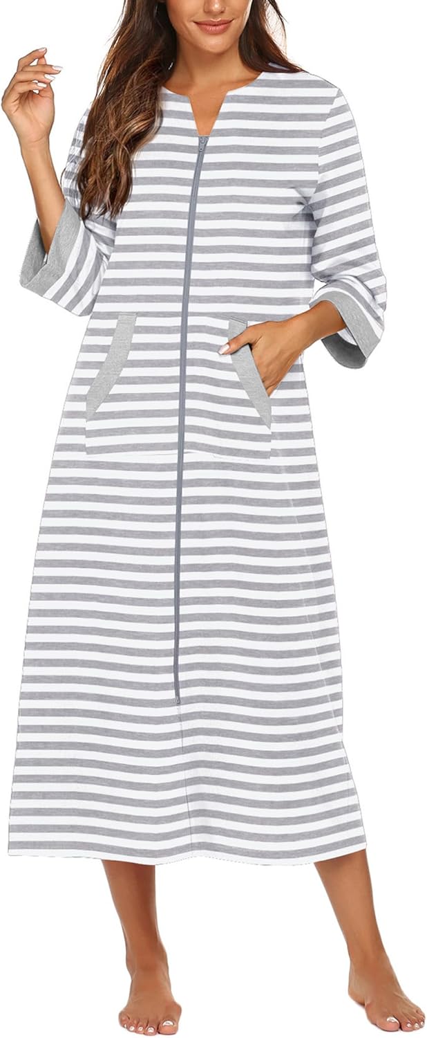 Ekouaer Women Zipper Robe 3/4 Sleeves Loungewear Dress Full Length Sleepwear Pockets Housecoat Nightgown Long Bathrobe