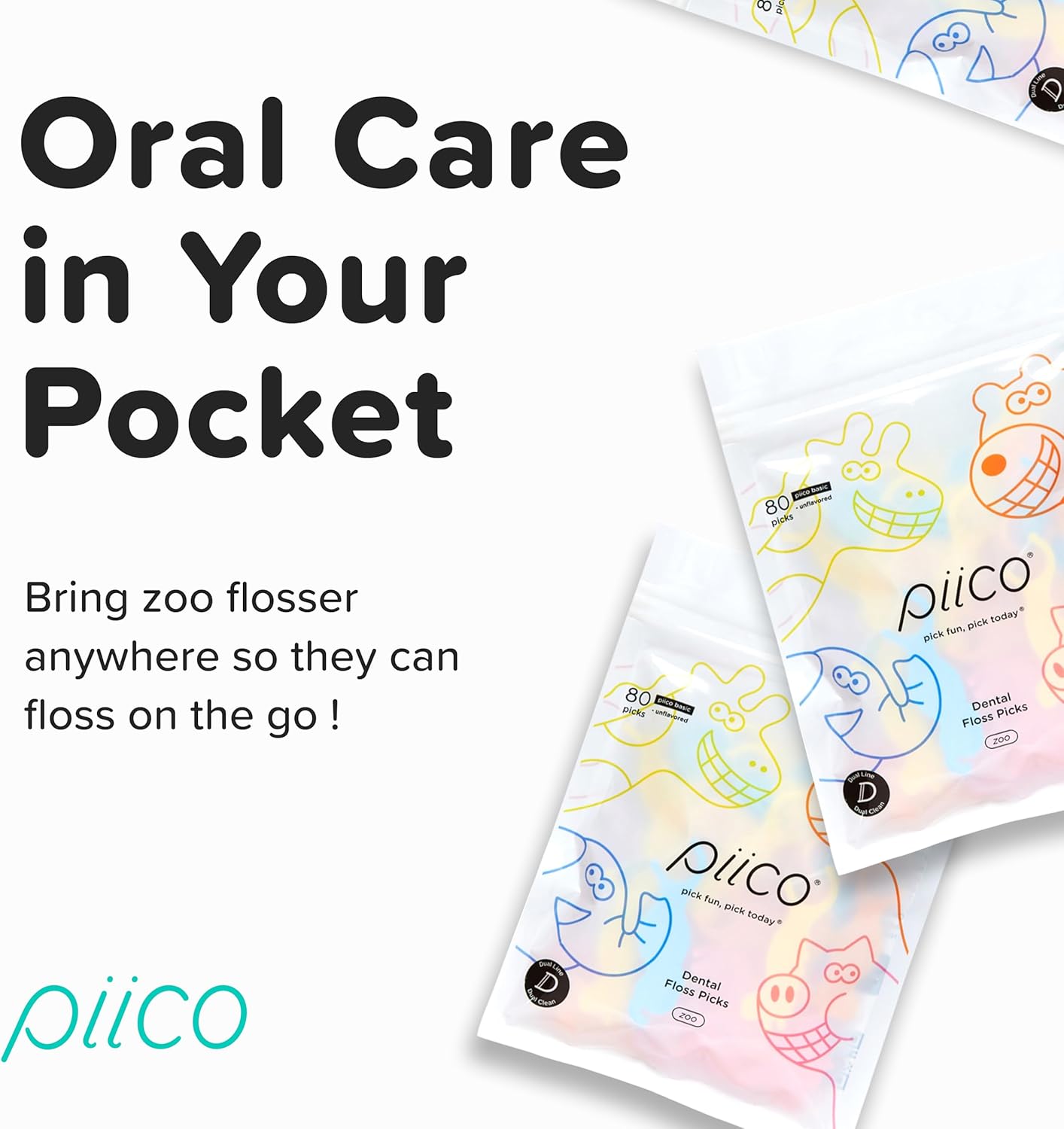 Piico Unflavored Kids Floss - No Fluoride Dual Line Dental Floss Picks - Fun Oral Care in Colorful Floss Sticks Design - Kids Flossers Prevent Tooth Decay & Gum Disease - 240 Count Zoo & Travel Case